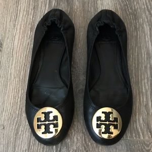 Tory Burch Reva Leather Ballerina Flats Black 7.5